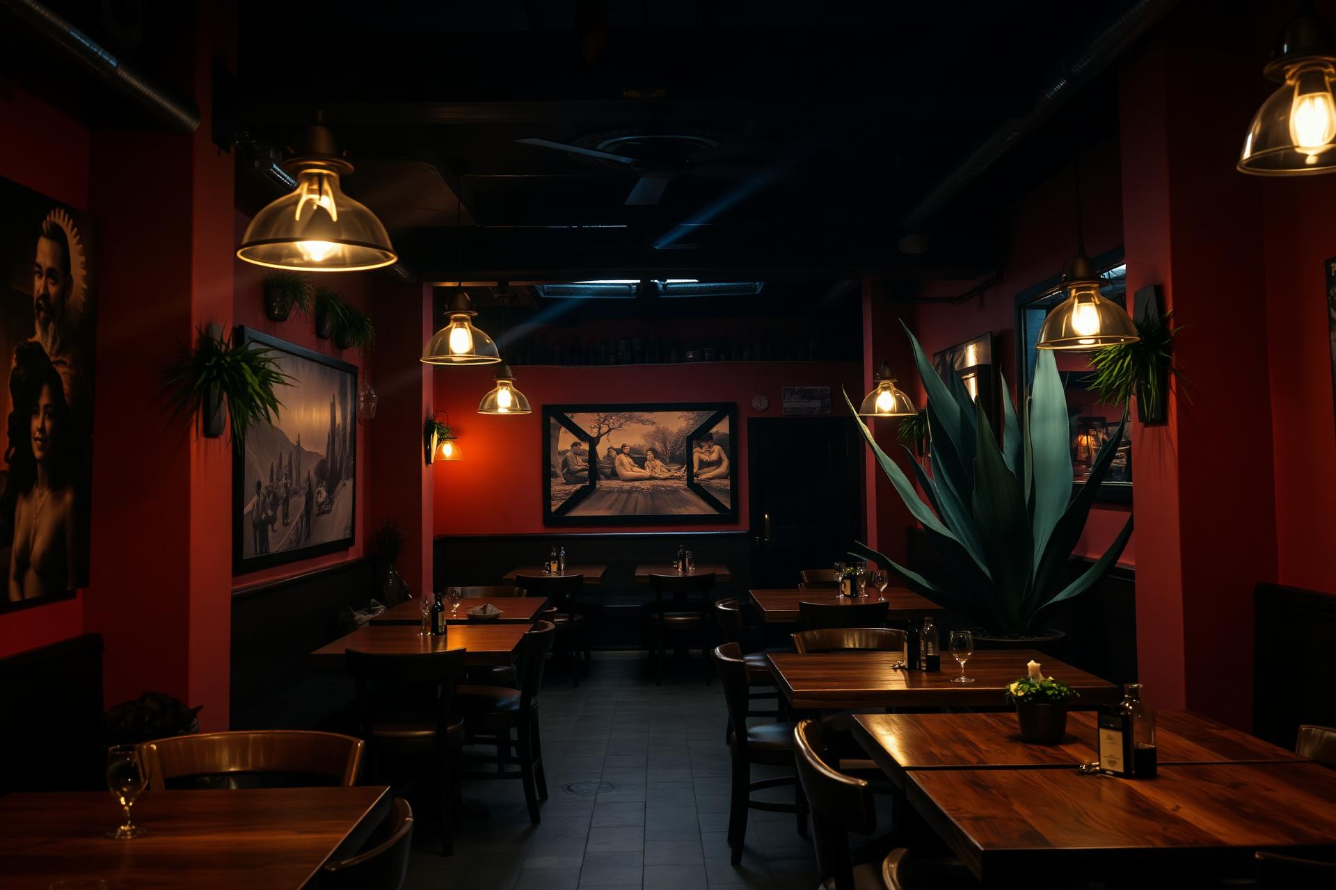 Warm-lit dining room at Blue Agave with wooden tables and an agave plant.